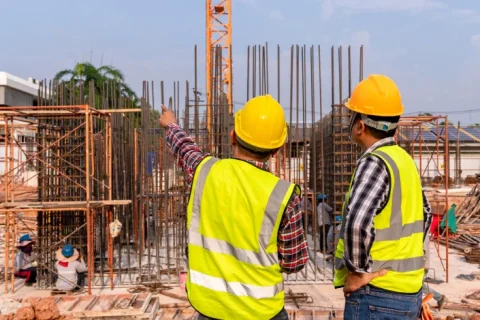 Construction civil engineer technician and architect working