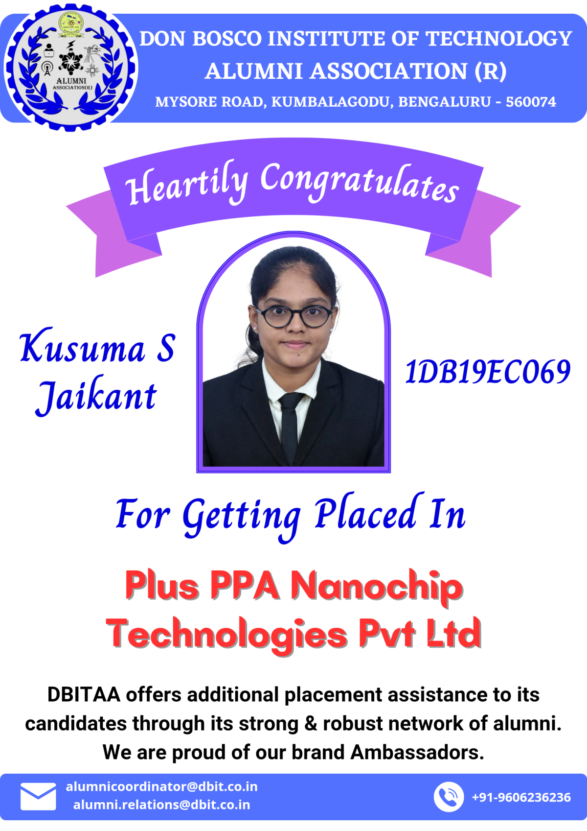 Kusuma S Jaikant (ECE, 2023 Batch) - Placed in Plus PPA Nanochip Technologies