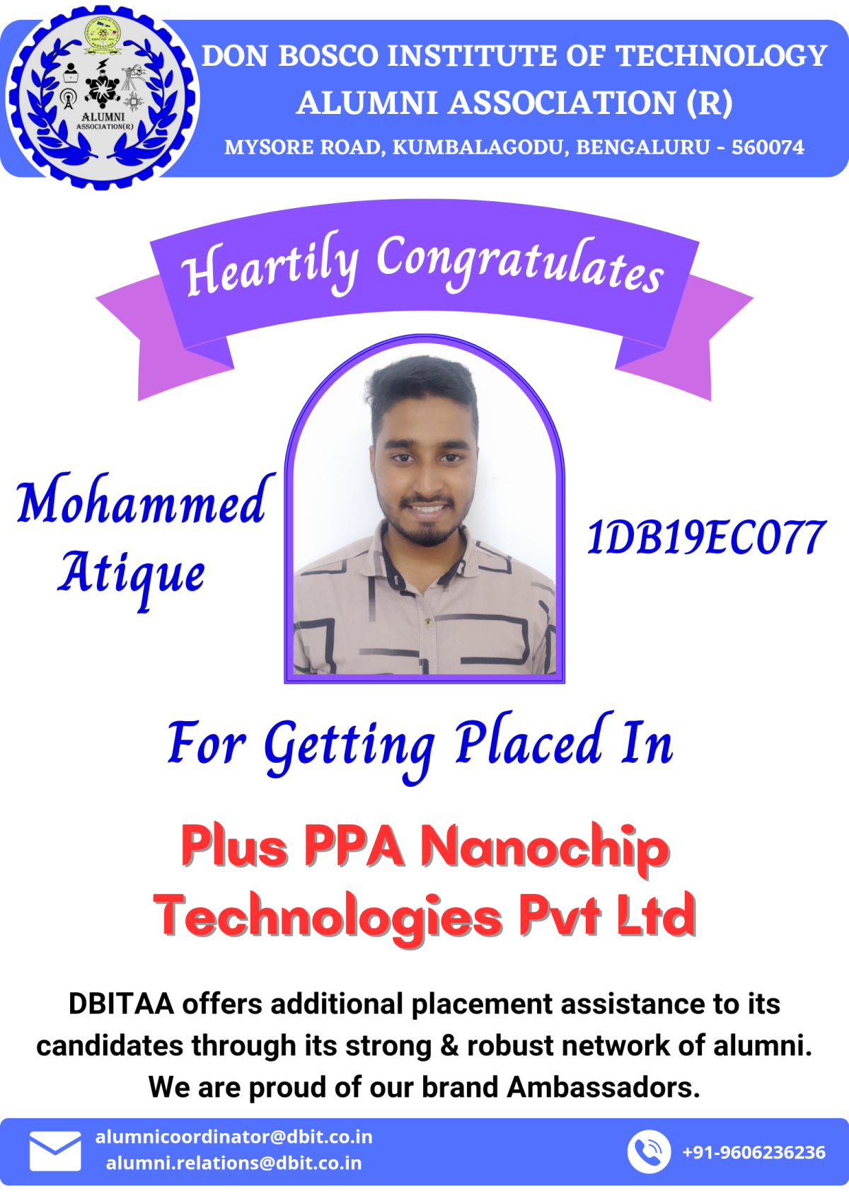 Mohammed Atique (ECE, 2023 Batch) - Placed in Plus PPA Nanochip Technologies