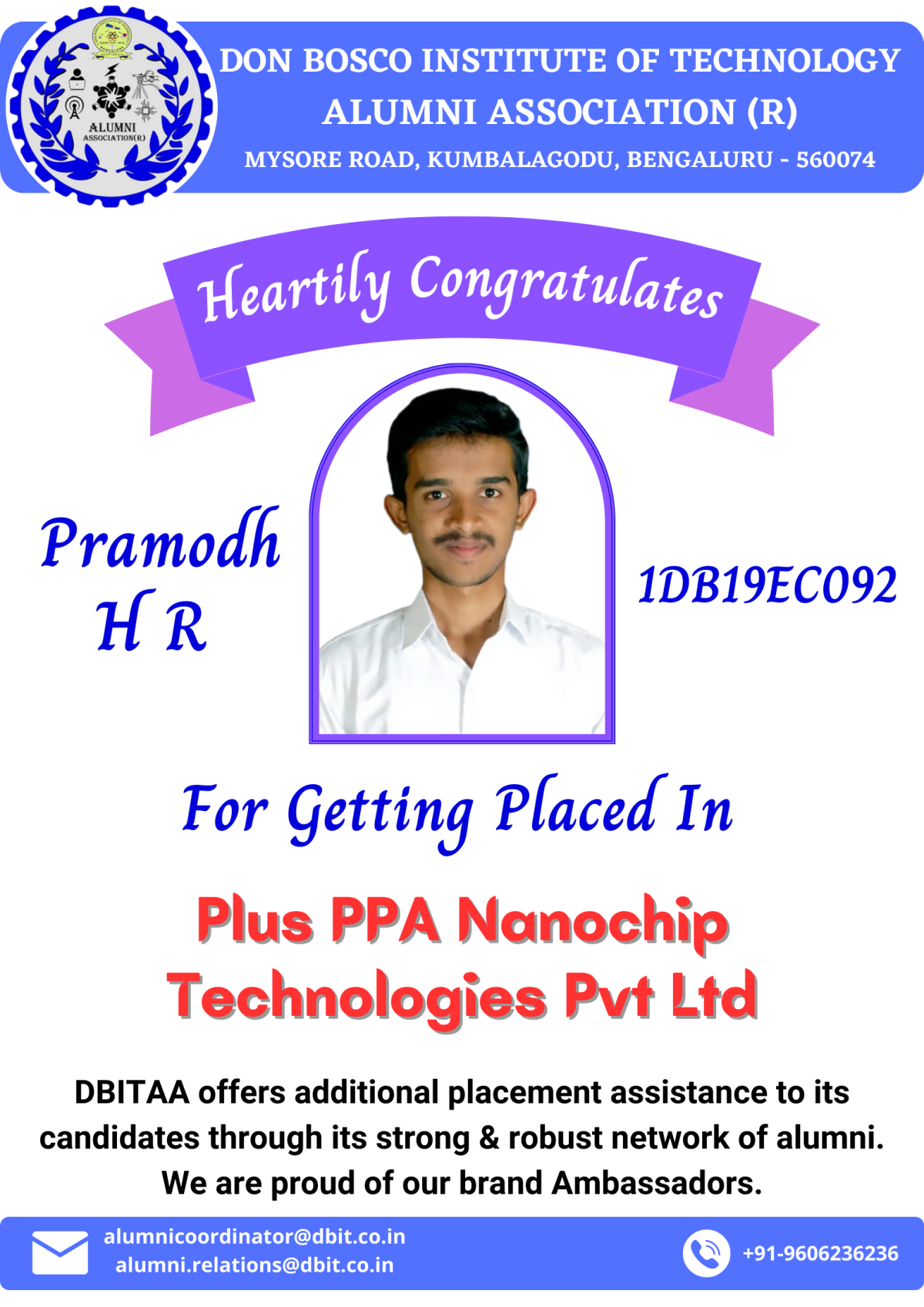 Pramodh H R (ECE, 2023 Batch) - Placed in Plus PPA Nanochip Technologies