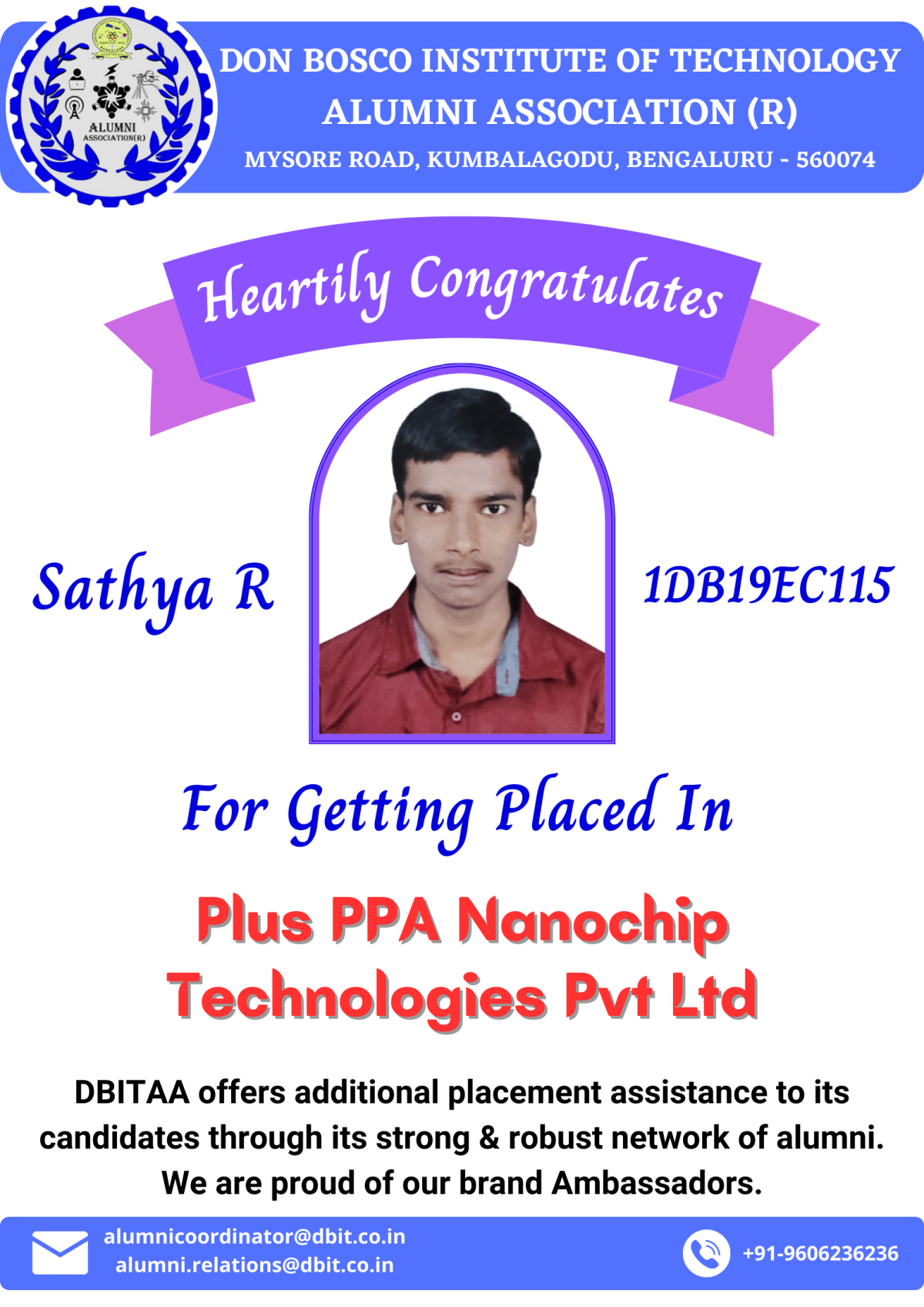 Sathya R (ECE, 2023 Batch) - Placed in Plus PPA Nanochip Technologies