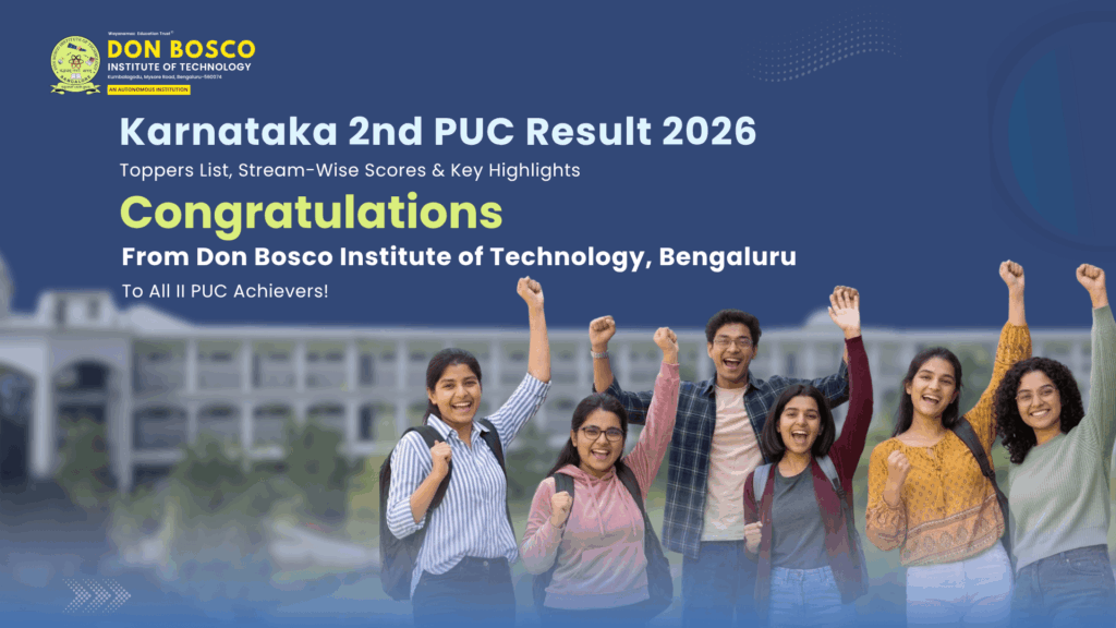 Don Bosco Institute of Technology Bengaluru celebratory banner for Karnataka 2nd PUC Result Toppers 2026, featuring students celebrating the 91.69% Science stream success and overall state highlights.