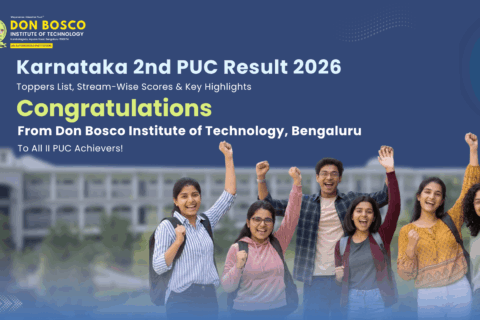 Don Bosco Institute of Technology Bengaluru celebratory banner for Karnataka 2nd PUC Result Toppers 2026, featuring students celebrating the 91.69% Science stream success and overall state highlights.