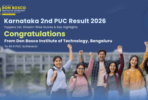 Don Bosco Institute of Technology Bengaluru celebratory banner for Karnataka 2nd PUC Result Toppers 2026, featuring students celebrating the 91.69% Science stream success and overall state highlights.
